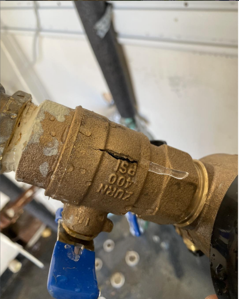 Cracked Backflow Preventer Valve that cracked because of freezing temps from an Irrigation system in Midtown Tulsa.