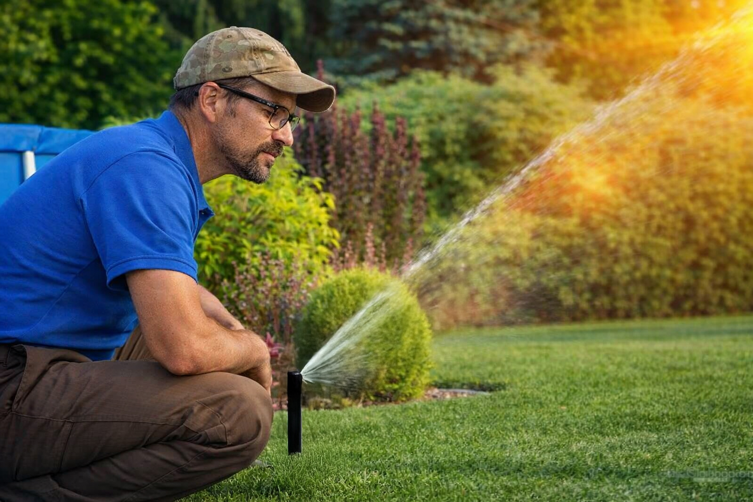 About Rockwell Irrigation and Landscaping: Donny Rockwell adjusting a sprinkler head in the Tulsa area