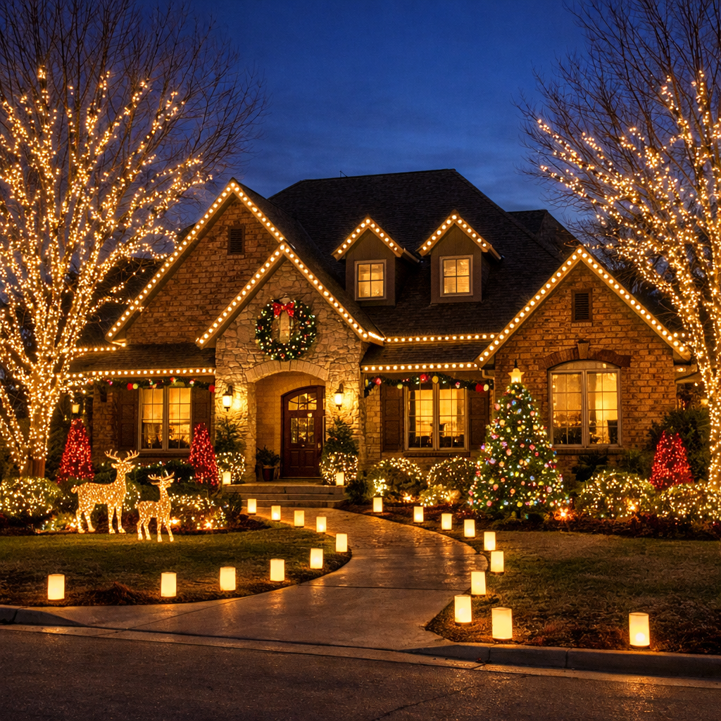 A Tulsa, OK Home look with bright Christmas lights, a wreath and tree lights that represents Rockwell Irrigation and Landscaping Christmas Lights designs.